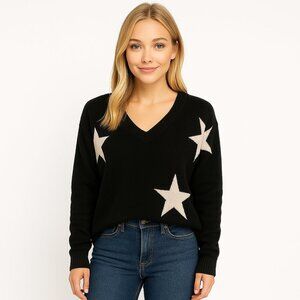 kut from the kloth cashmere blend black white long sleeve v neck sweater stars